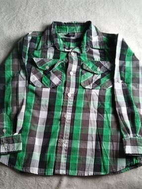 Boys Green Plaid Button-Down Shirt - Casual Long Sleeve